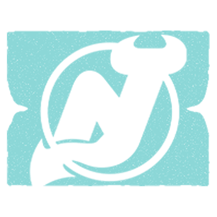 new jersey devils logo in white, with an ice blue textured background