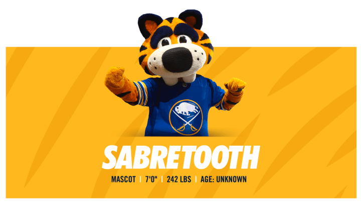 Photo of Sabretooth along with a text bio reading: Sabretooth, Mascot 7 feet tall, 242 pounds, age unknown