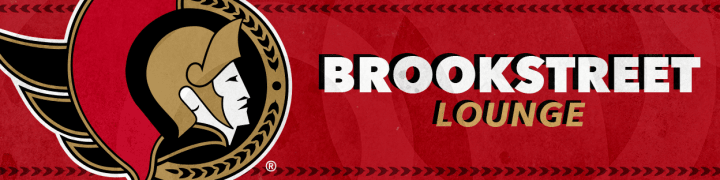 Red background with the words "Brookstreet Lounge" in white and gold beside a large Ottawa Senators logo.