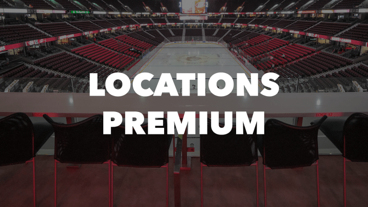 Photo of the ice at the Canadian Tire Centre taken from in Club Bell with the words "Locations Premium" in bold, white letters.