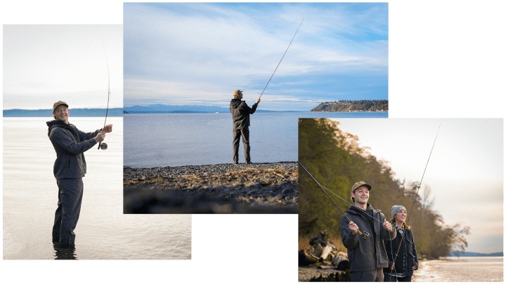 a photo collage of 3 overlapping photos of will borgen fly fishing