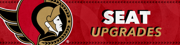 Red background with the words "Seat Upgrades" in white and gold beside a large Ottawa Senators logo.