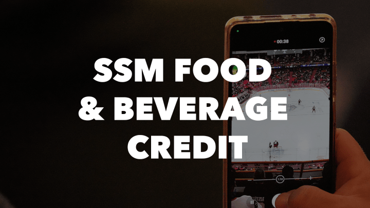 Photo of a phone taking a picture of the ice at an Ottawa Senators game at the Canadian Tire Centre with the words "SSM Food & Beverage Credit" in white letters.