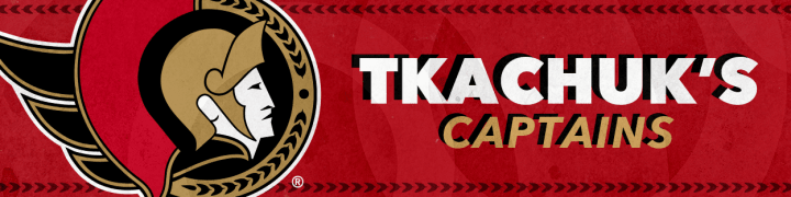 Red background with the words "Tkachuk's Captains" in white and gold beside a large Ottawa Senators logo.