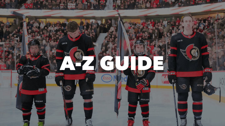 Photo of Tim Stützle and Jake Sanderson standing with two kids on the ice at the Canadian Tire Centre during the anthem with the words "A-Z Guide" in bold white.