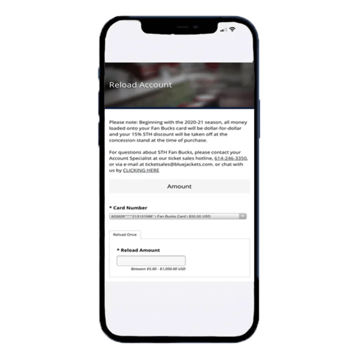 Screenshot of Blue Jackets Fan Bucks mobile screen. Title at top reads Reload Account. Dropdown menu at bottom gives user option to select the card they'd like to reload. Field below allows user to enter the amount of money they want to reload onto their account.