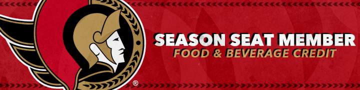 Red background with the words "Season Seat Member Food & Beverage Credit" in white and gold beside a large Ottawa Senators logo.