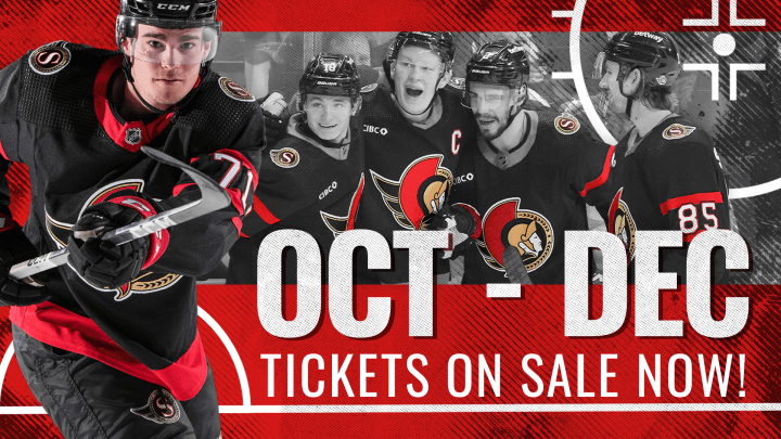 Cutout of Ridly Greig playing hockey next to a black and white image of Tim Stützle, Brady Tkachuk, Artem Zub, and Jake Sanderson celebrating a goal, with the words "Oct. - Dec. tickets on sale now!"