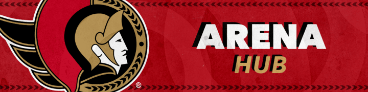 Red background with the words "Arena Hub" in white and gold beside a large Ottawa Senators logo.