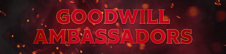 Red background with the words "Goodwill Ambassadors" in white and gold beside a large Ottawa Senators logo.