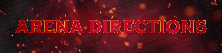 Red background with the words "Arena Directions" in white and gold beside a large Ottawa Senators logo.
