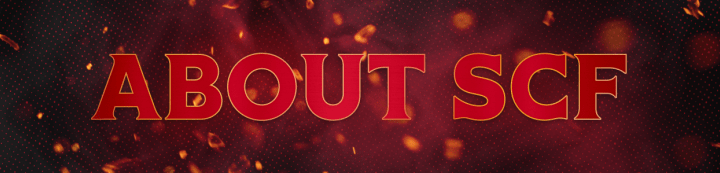 Red background with the words "About SCF" in white and gold letters beside a large Ottawa Senators logo.
