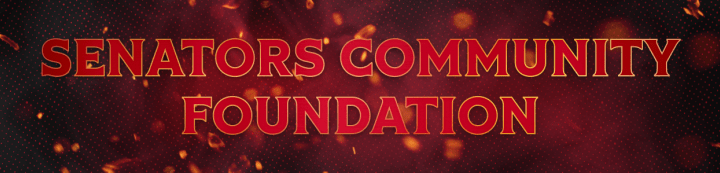 Red background with the words "Senators Community Foundation" in white and gold beside a large Ottawa Senators logo.