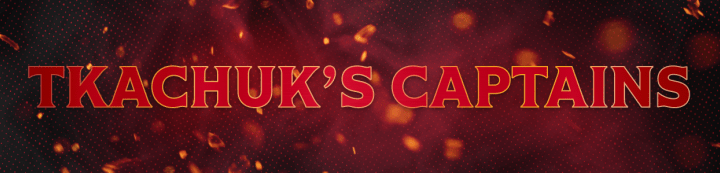 Red background with the words "Tkachuk's Captains" in white and gold beside a large Ottawa Senators logo.