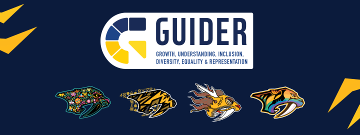 Header for the SMASHVILLE GUIDER Board. GUIDER stands for Growth, Understanding, Inclusion, Diversity, Equality, and Representation. Special edition Preds logos are showcased along the bottom of the graphic, including: Hispanic Heritage Night, Black History Month Night, Asian and Pacific Islander Night, and Pride Night.