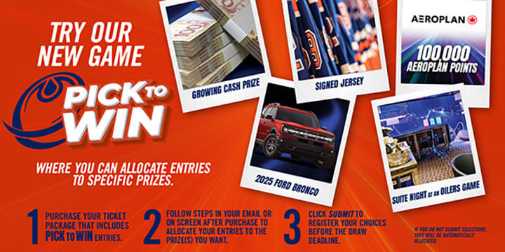 Try our new Pick to Win Game! Three-step entry: purchase ticket package with Pick to Win entries, allocate entries to chosen prizes, click Submit before deadline.