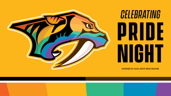Celebrating Preds Pride Night. [Logo] designed by local artist Brad DeLeone. The Pride logo is a the Preds logo re-imagined in the colors of the Pride flag.